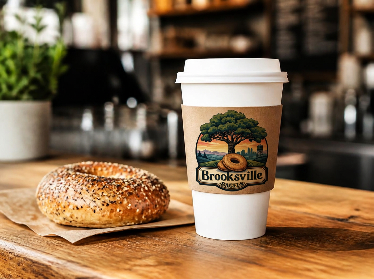 A bagel and hot coffee on a café table