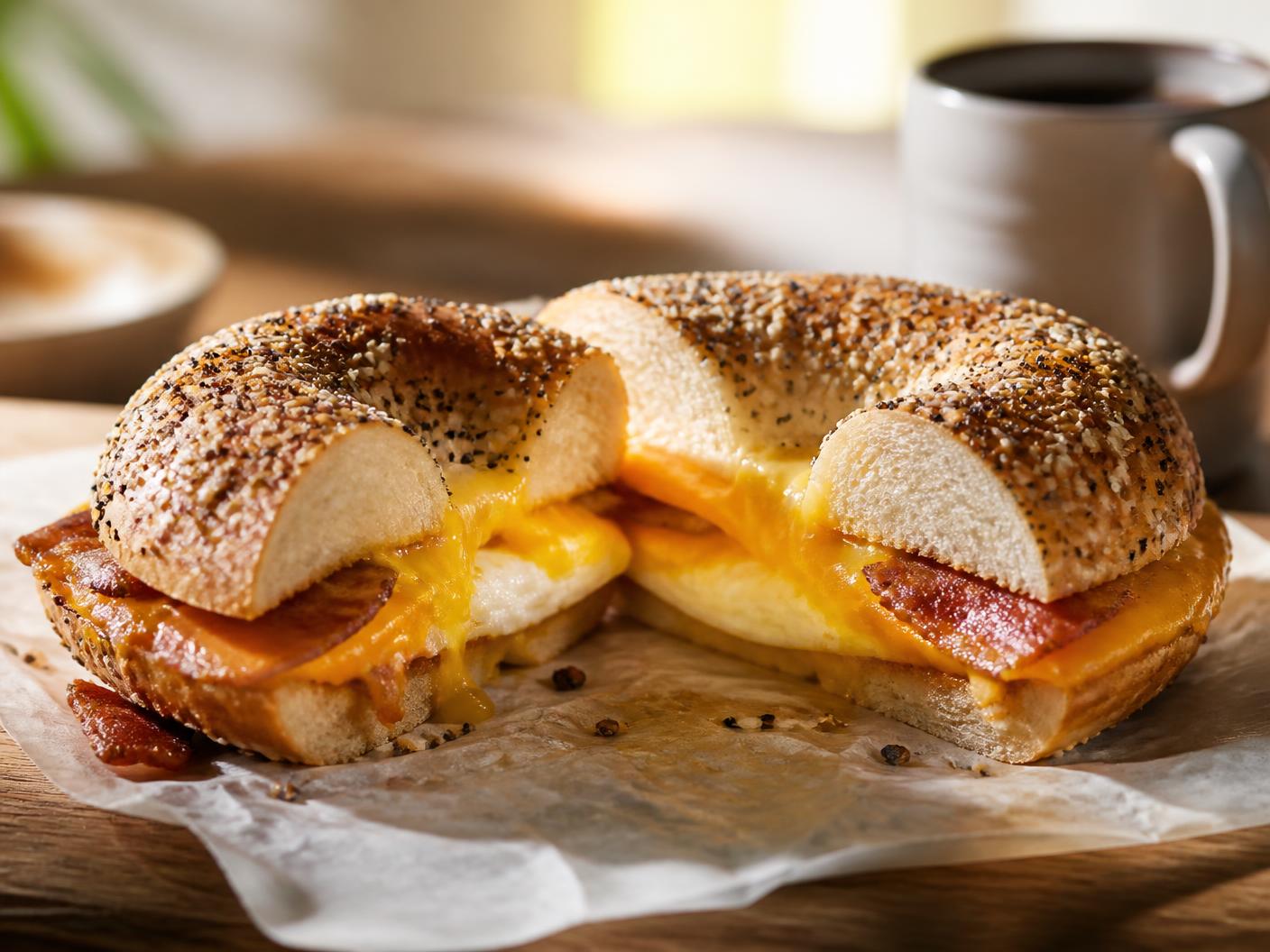A bacon, egg, and cheese bagel sandwich
